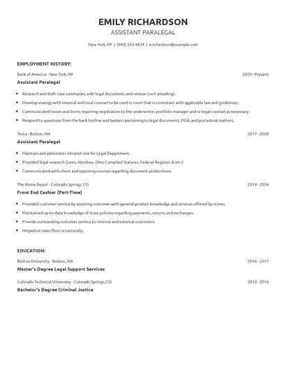 Assistant Paralegal Resume