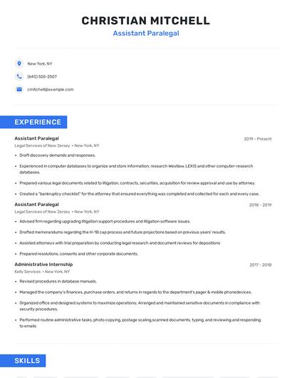 Assistant Paralegal Resume