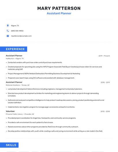 Assistant Planner Resume