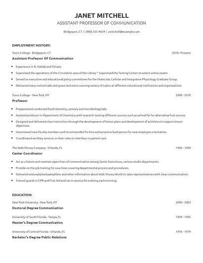 Assistant Professor Of Communication Resume