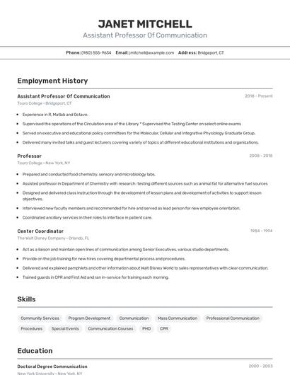 Assistant Professor Of Communication Resume