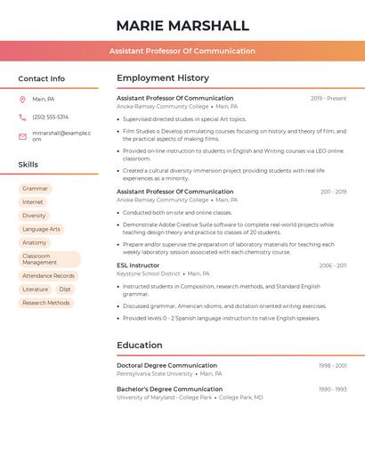 Assistant Professor Of Communication Resume