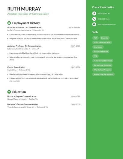 Assistant Professor Of Communication Resume