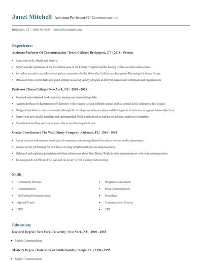 Assistant Professor Of Communication Resume