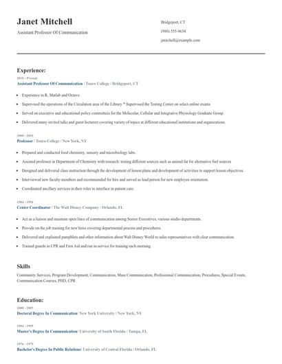 Assistant Professor Of Communication Resume