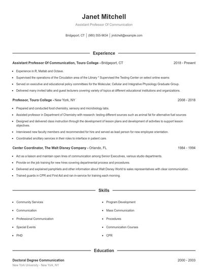 Assistant Professor Of Communication Resume