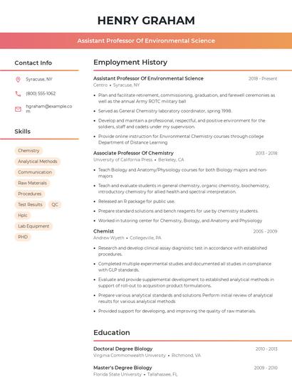 Assistant Professor Of Environmental Science Resume