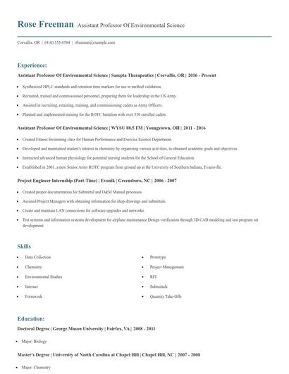 Assistant Professor Of Environmental Science Resume