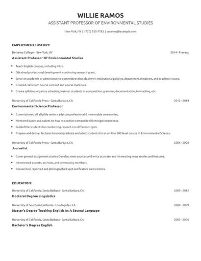 Assistant Professor Of Environmental Studies Resume
