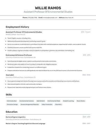 Assistant Professor Of Environmental Studies Resume