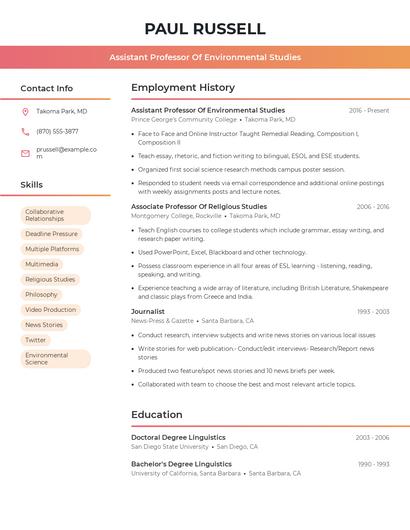 Assistant Professor Of Environmental Studies Resume