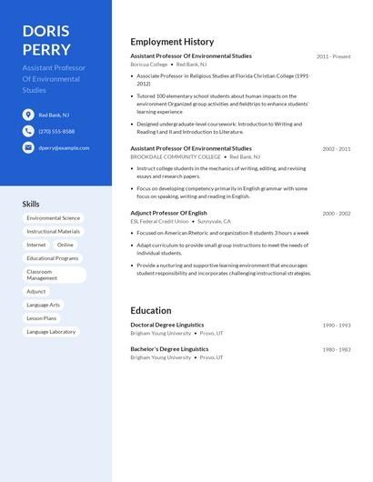 Assistant Professor Of Environmental Studies Resume