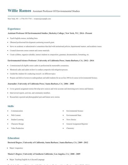 Assistant Professor Of Environmental Studies Resume