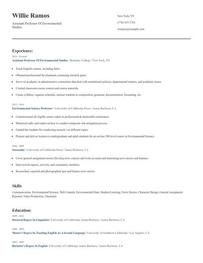 Assistant Professor Of Environmental Studies Resume