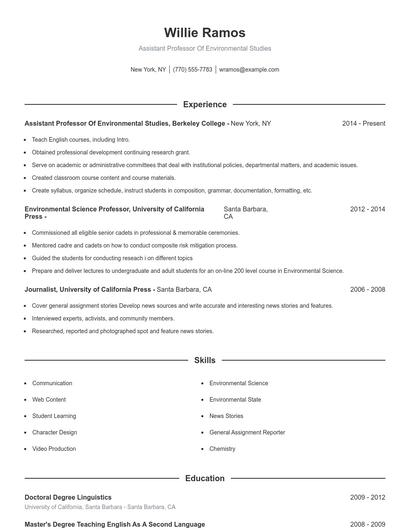 Assistant Professor Of Environmental Studies Resume