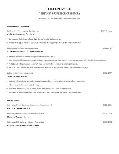 Assistant Professor Of History Resume