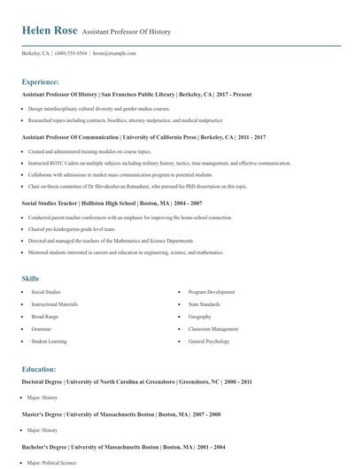 Assistant Professor Of History Resume