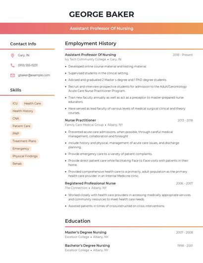 Assistant Professor Of Nursing Resume