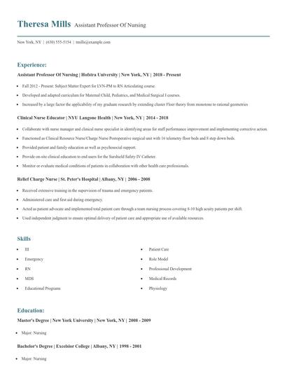 Assistant Professor Of Nursing Resume