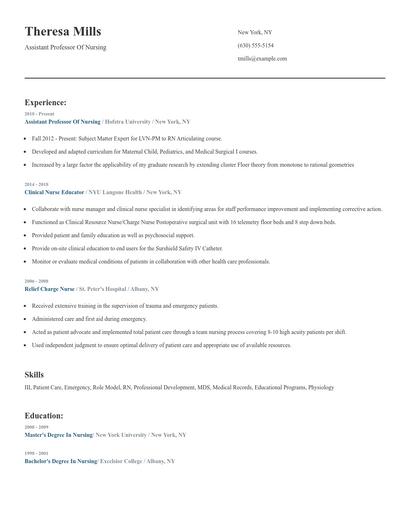 Assistant Professor Of Nursing Resume