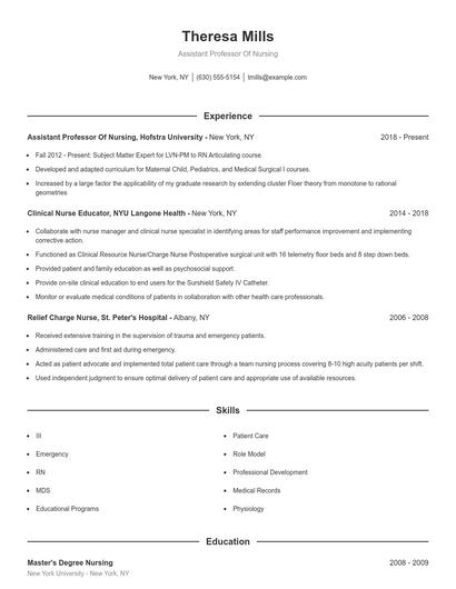 Assistant Professor Of Nursing Resume