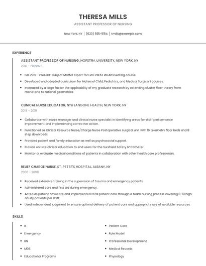 Assistant Professor Of Nursing Resume