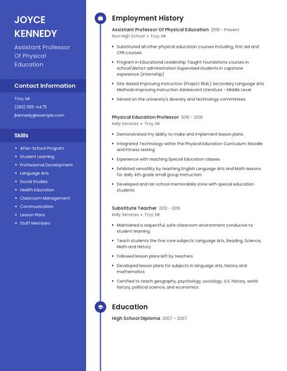 Assistant Professor Of Physical Education Resume