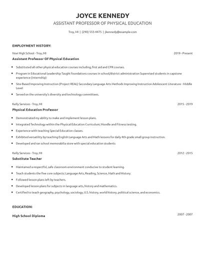 Assistant Professor Of Physical Education Resume