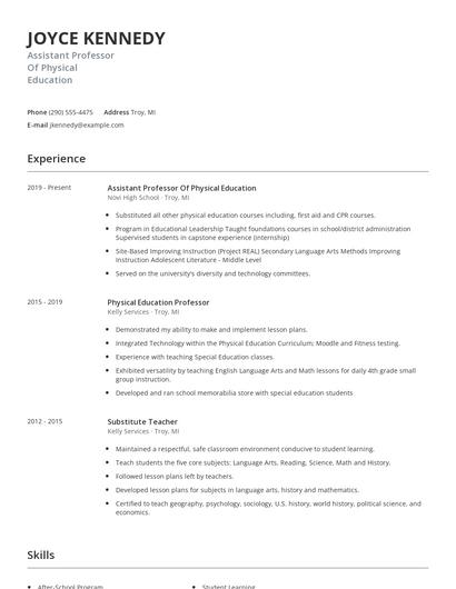 Assistant Professor Of Physical Education Resume