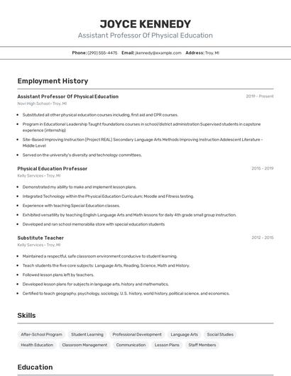 Assistant Professor Of Physical Education Resume