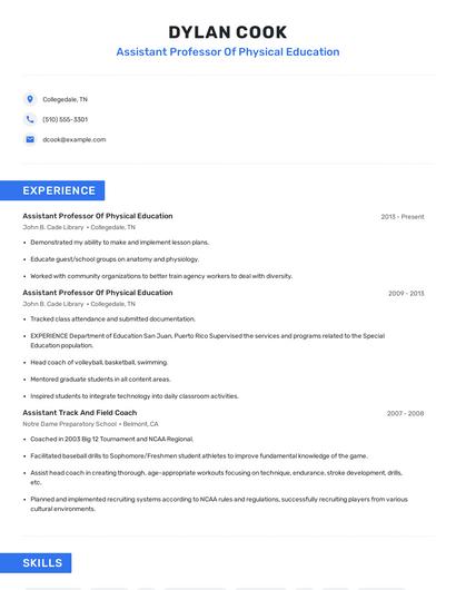 Assistant Professor Of Physical Education Resume