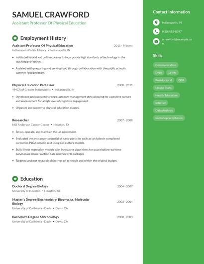 Assistant Professor Of Physical Education Resume