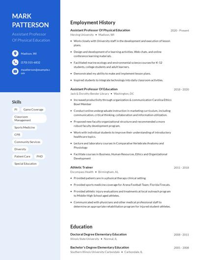 Assistant Professor Of Physical Education Resume