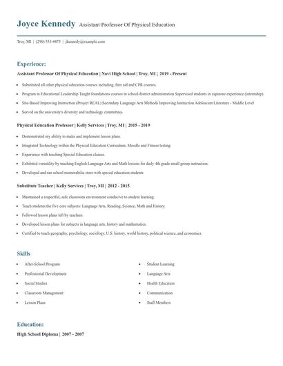 Assistant Professor Of Physical Education Resume