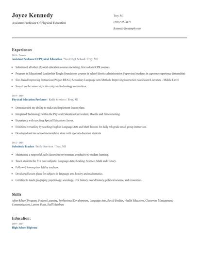 Assistant Professor Of Physical Education Resume