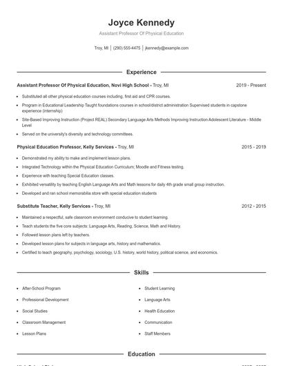 Assistant Professor Of Physical Education Resume