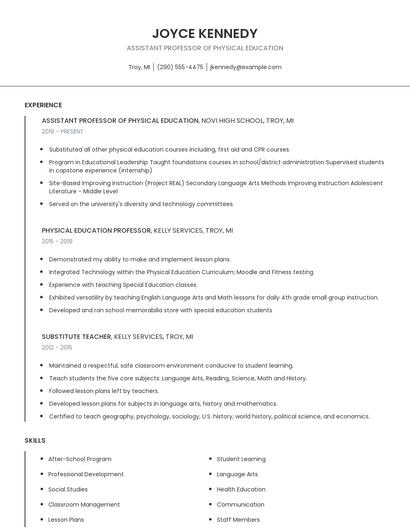 Assistant Professor Of Physical Education Resume