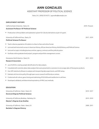 Assistant Professor Of Political Science Resume