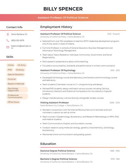 Assistant Professor Of Political Science Resume