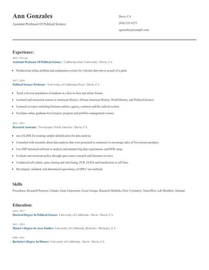 Assistant Professor Of Political Science Resume