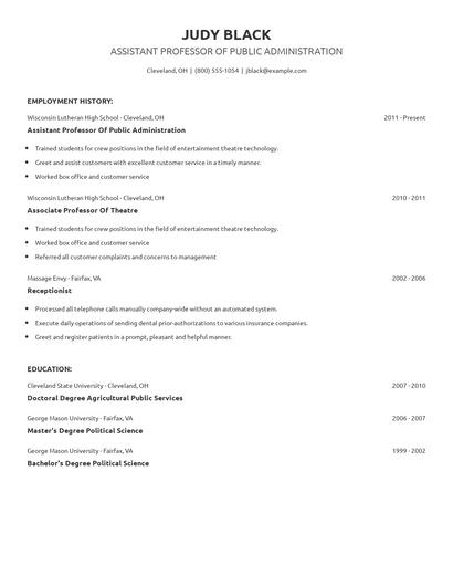 Assistant Professor Of Public Administration Resume