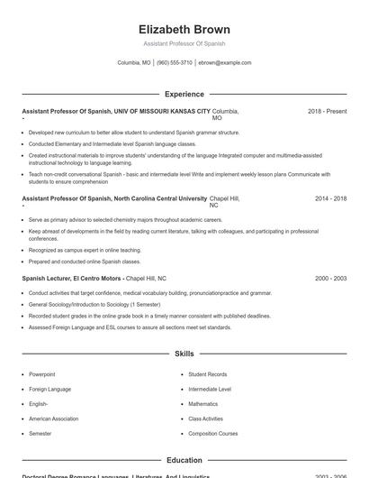 Assistant Professor Of Spanish Resume
