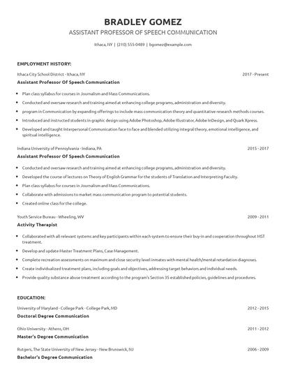 Assistant Professor Of Speech Communication Resume