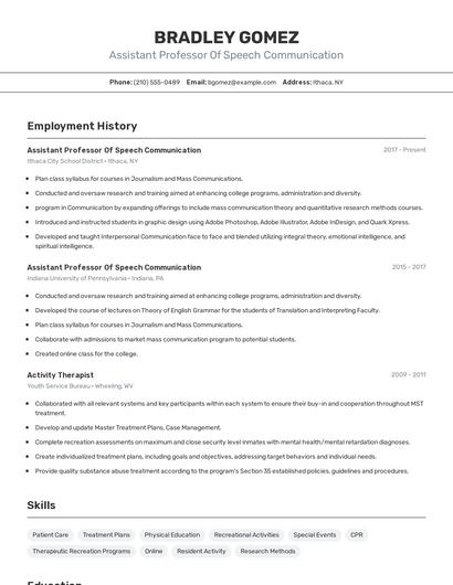 Assistant Professor Of Speech Communication Resume