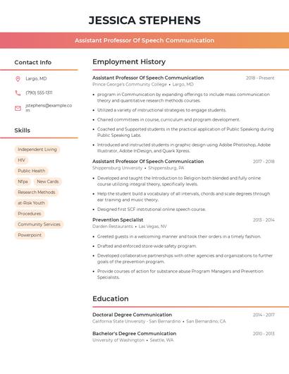 Assistant Professor Of Speech Communication Resume
