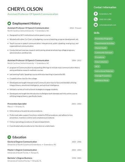 Assistant Professor Of Speech Communication Resume