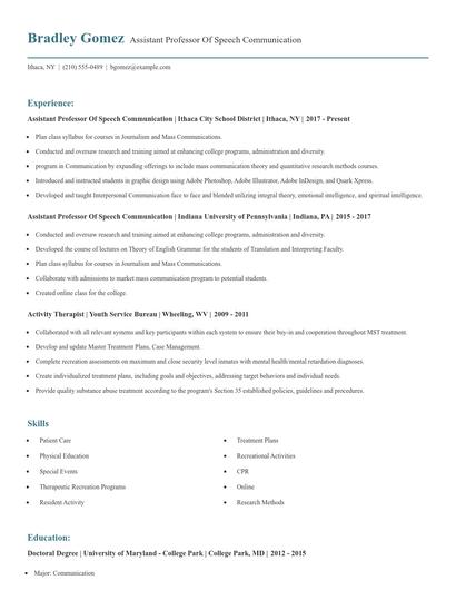 Assistant Professor Of Speech Communication Resume
