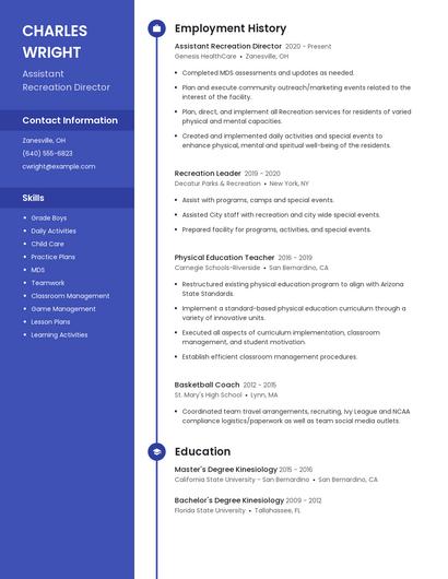 Assistant Recreation Director Resume