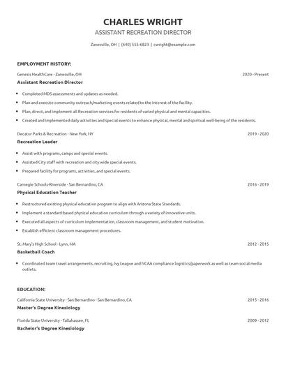 Assistant Recreation Director Resume