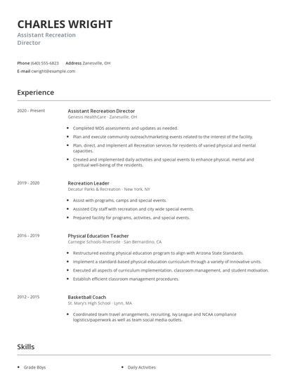 Assistant Recreation Director Resume